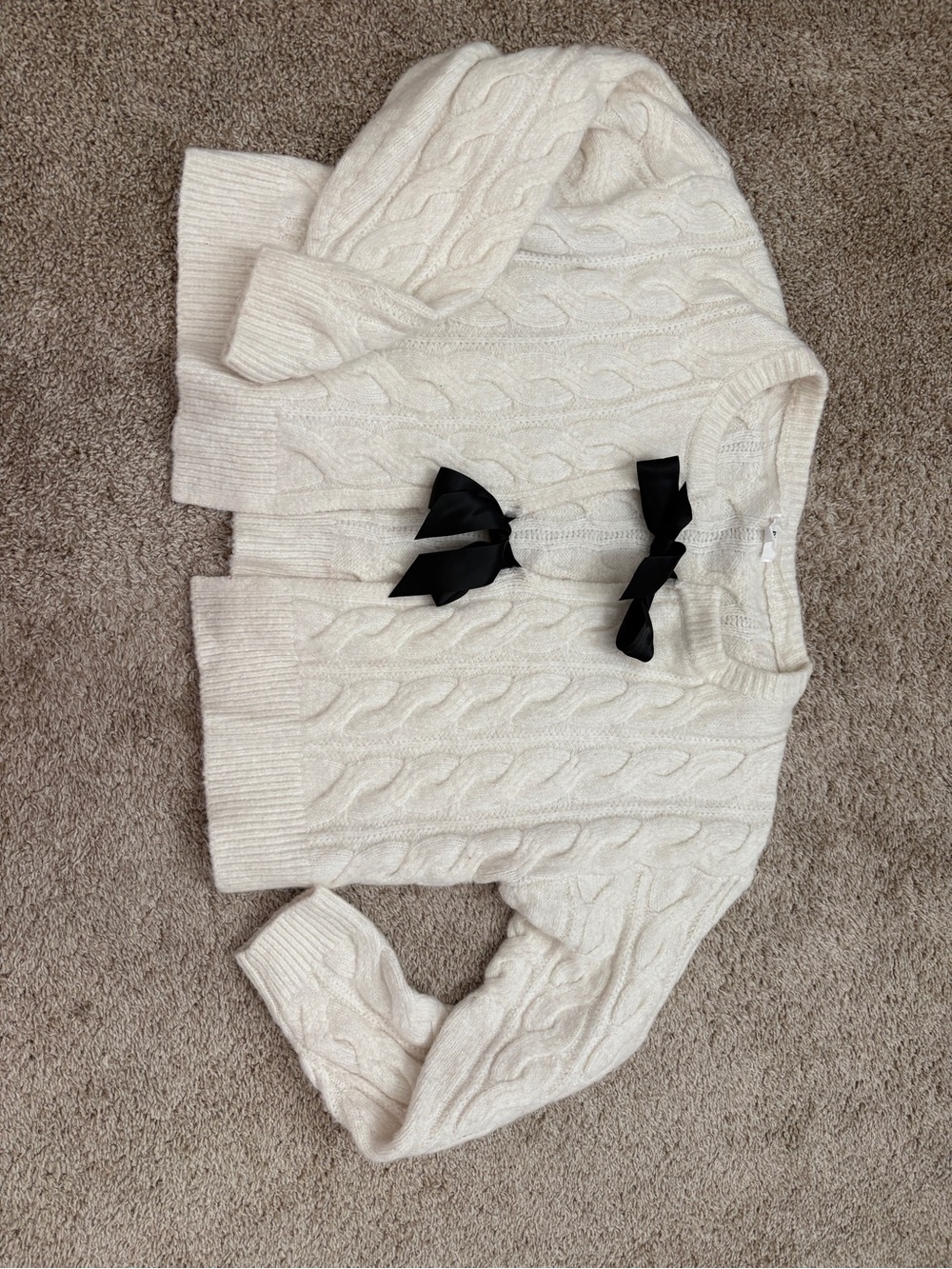 bp Cream Cable Crew Sweater with Black Bow Accents